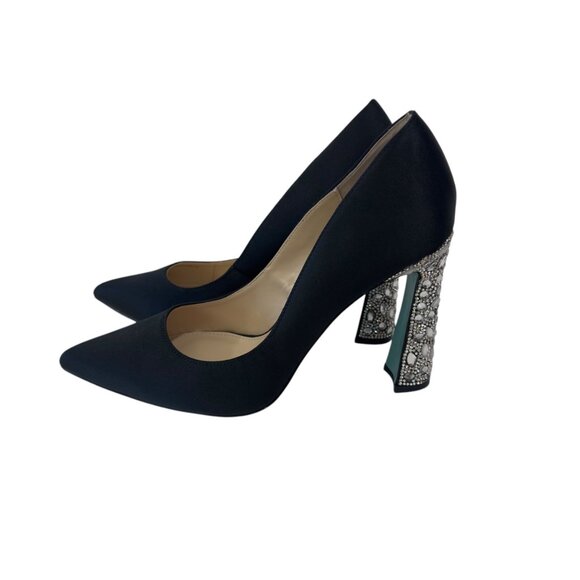 Betsey Johnson CORIE Black Satin Rhinestone Heel Pointed Toe Pumps Size 9.5M - Picture 1 of 14